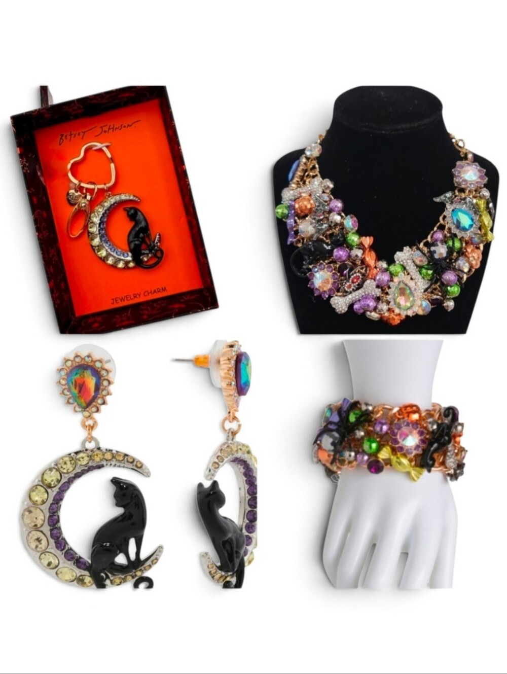 🖤▪️Betsey Johnson▪️4pc halloween Charm Bib Necklace - Bracelet- Bag/ keycharm